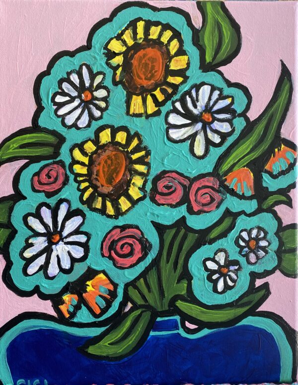 Electric Blue Vase with Daisies